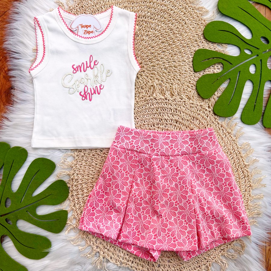 Conj. Regata Smile Sparkle e Short Saia - Off White e Rose